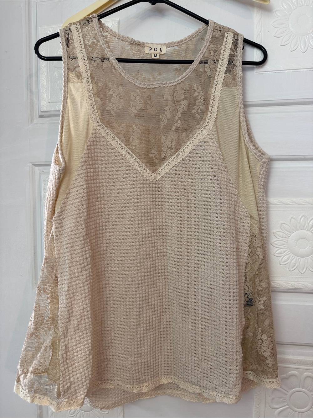 POL Lace Yoke Waffle Knit Tank in Beige